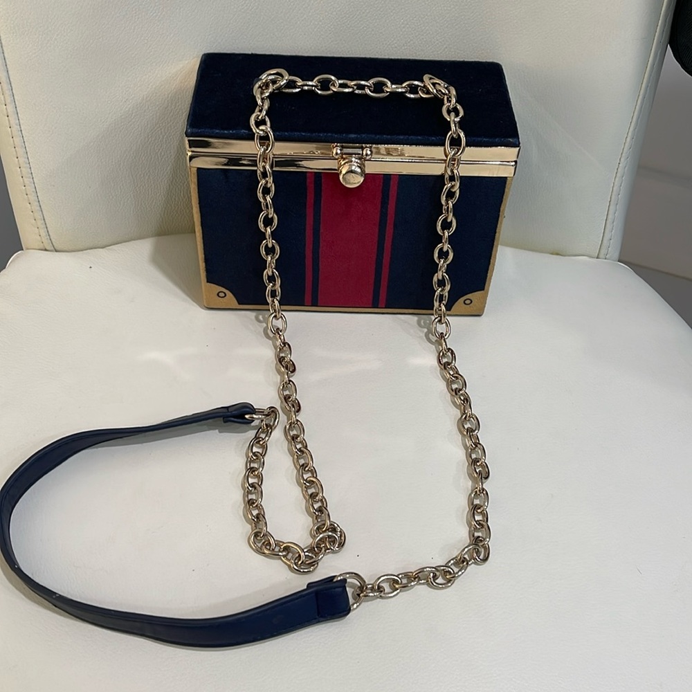 Zara Woman Navy/Red/Gold "Stripe" Box" Crossbody Bag